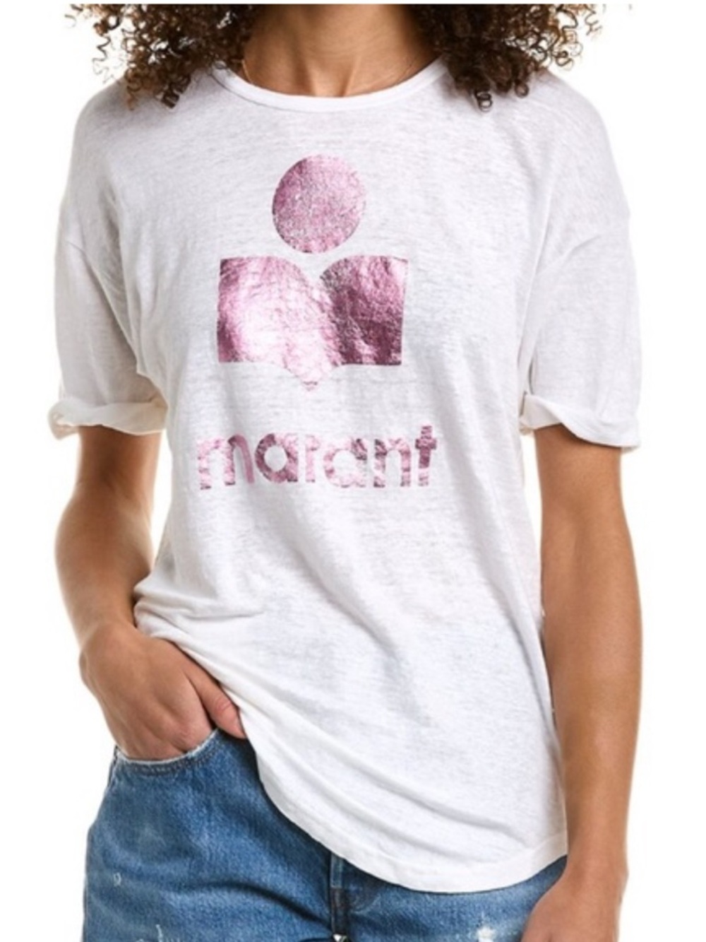 Isabel Marant White Tee with Metallic Rose Logo Best for a Small 100% linen